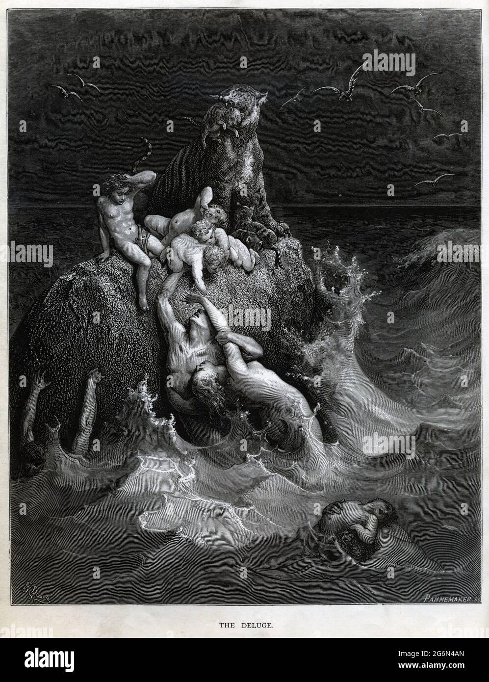 'The Deluge', Frontispiece à l'édition illustrée de la Bible de doré. Basé sur l'histoire de l'Arche de Noé, cela montre des humains et un tigre condamnés par le déluge fustieusement essayant de sauver leurs enfants et les petits. La première édition était 1866. Cette édition est probablement à partir de cette époque - mai bien être une première édition - mais en tout cas n'est certainement pas plus tard que 1900 ou ainsi. Gustave doré (1832-1883) le "Pannemaker" en bas à droite se réfère à Adolphe François Pannemaker (1822-1900) un des assistants de doré pour transformer son art en une gravure à part entière, et un graveur raisonnablement notable dans son Banque D'Images