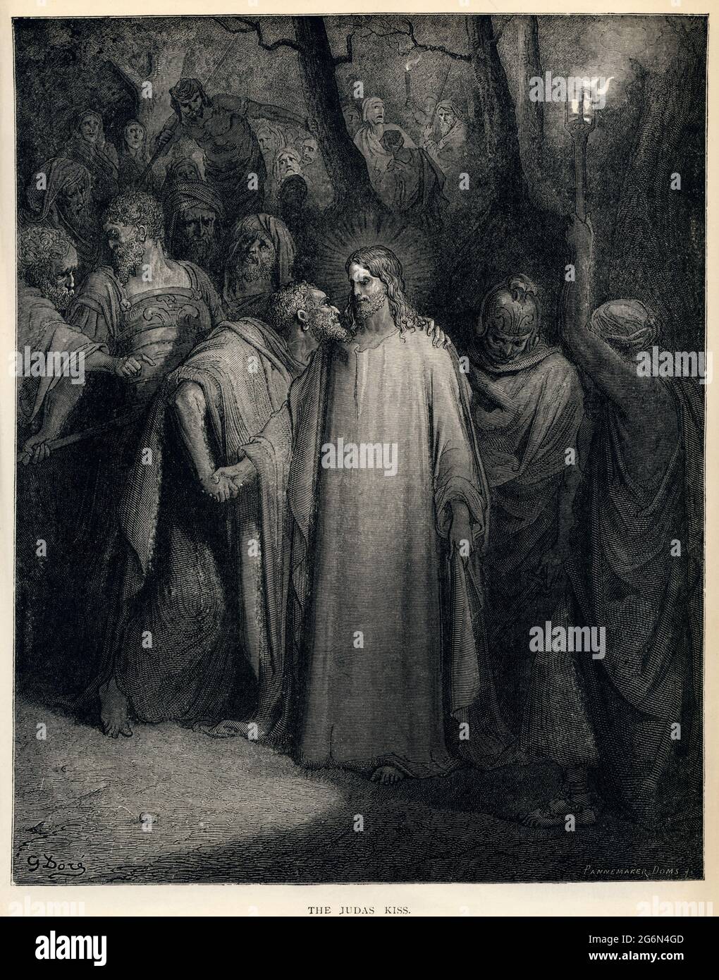 Le Judas Kiss, (Marc 14:45) par Gustave doré. Vers 1866. Le "Pannemaker" en bas à droite se réfère à Adolphe François Pannemaker (1822-1900), un des assistants de doré en transformant son art en une véritable gravure, et un graveur raisonnablement notable en son propre droit. Banque D'Images