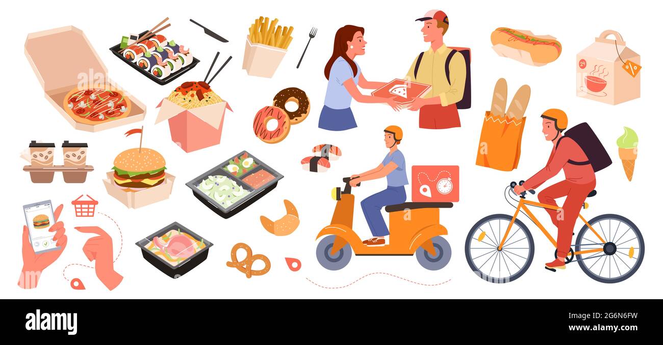 Ensemble de service de livraison rapide de nourriture, commande en ligne à partir de l'application mobile sur le téléphone, livraison par messagerie Illustration de Vecteur