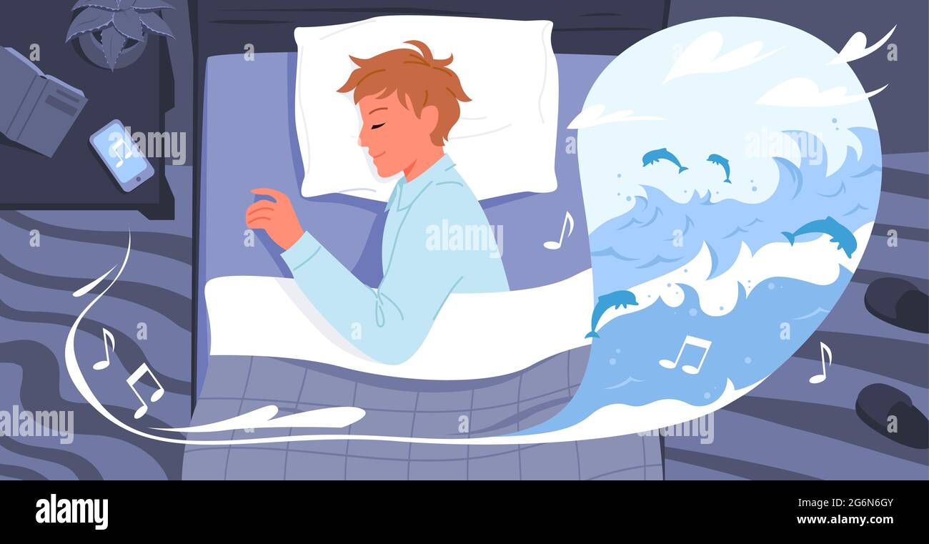 Personnage de dessin animé endormi dans un pyjama allongé sur un oreiller de lit dans la chambre, dormant mieux à la bonne musique de fond. Sommeil sain la nuit, jeune homme Illustration de Vecteur