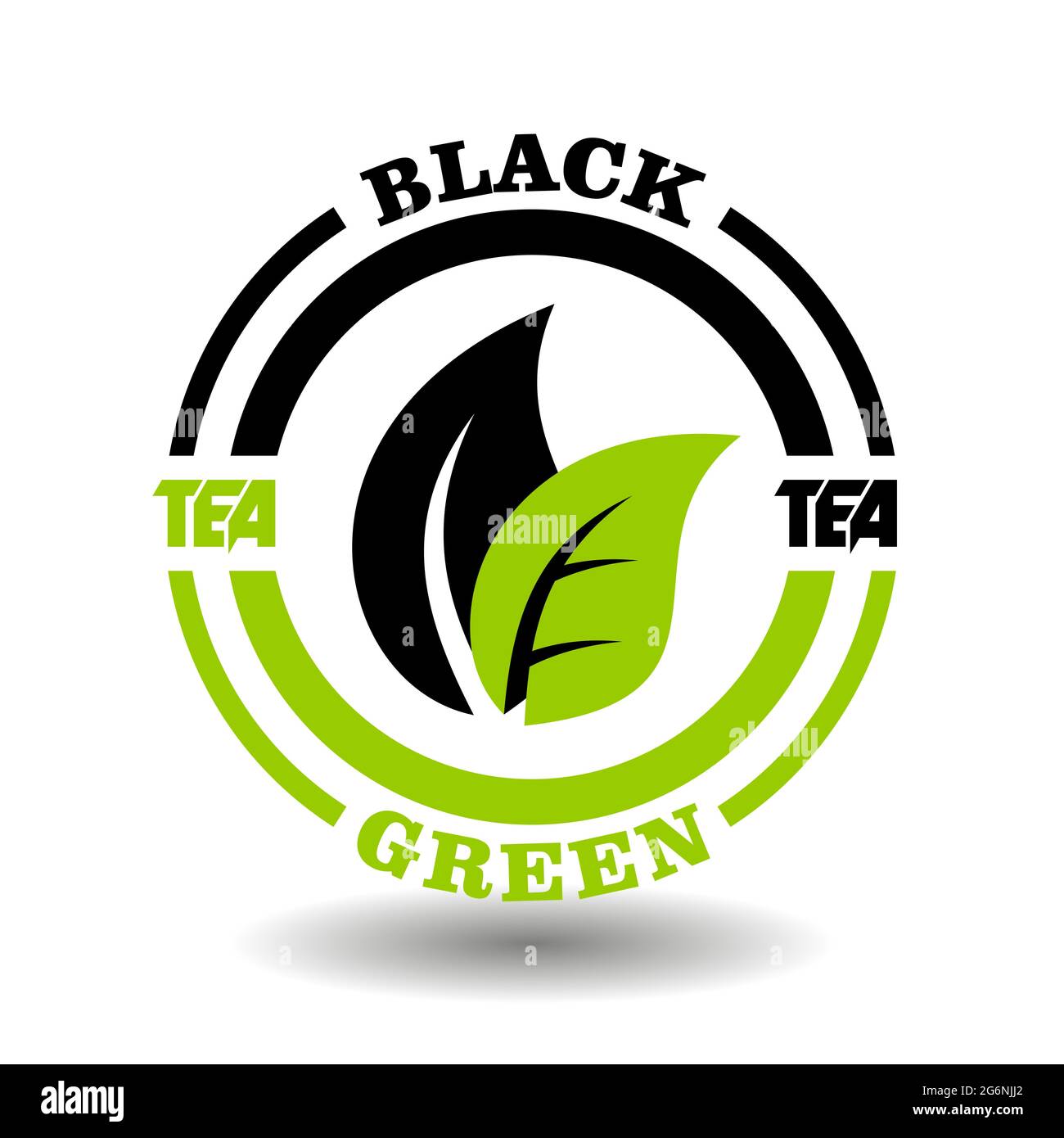 Logo cercle créatif du mélange de thé vert et noir. Concept rond icône de mélange de thé, composition de boisson à base de plantes avec symbole de feuilles vertes et noires Illustration de Vecteur
