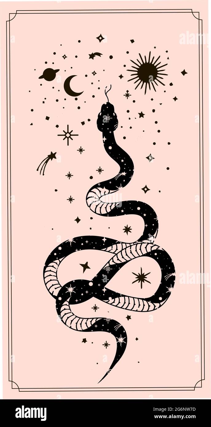 Alchimie ésotérique mystique magique céleste talisman avec serpent, soleil, étoiles géométrie sacrée isolée. Objet occultisme spirituel. Illustrations vectorielles o Illustration de Vecteur