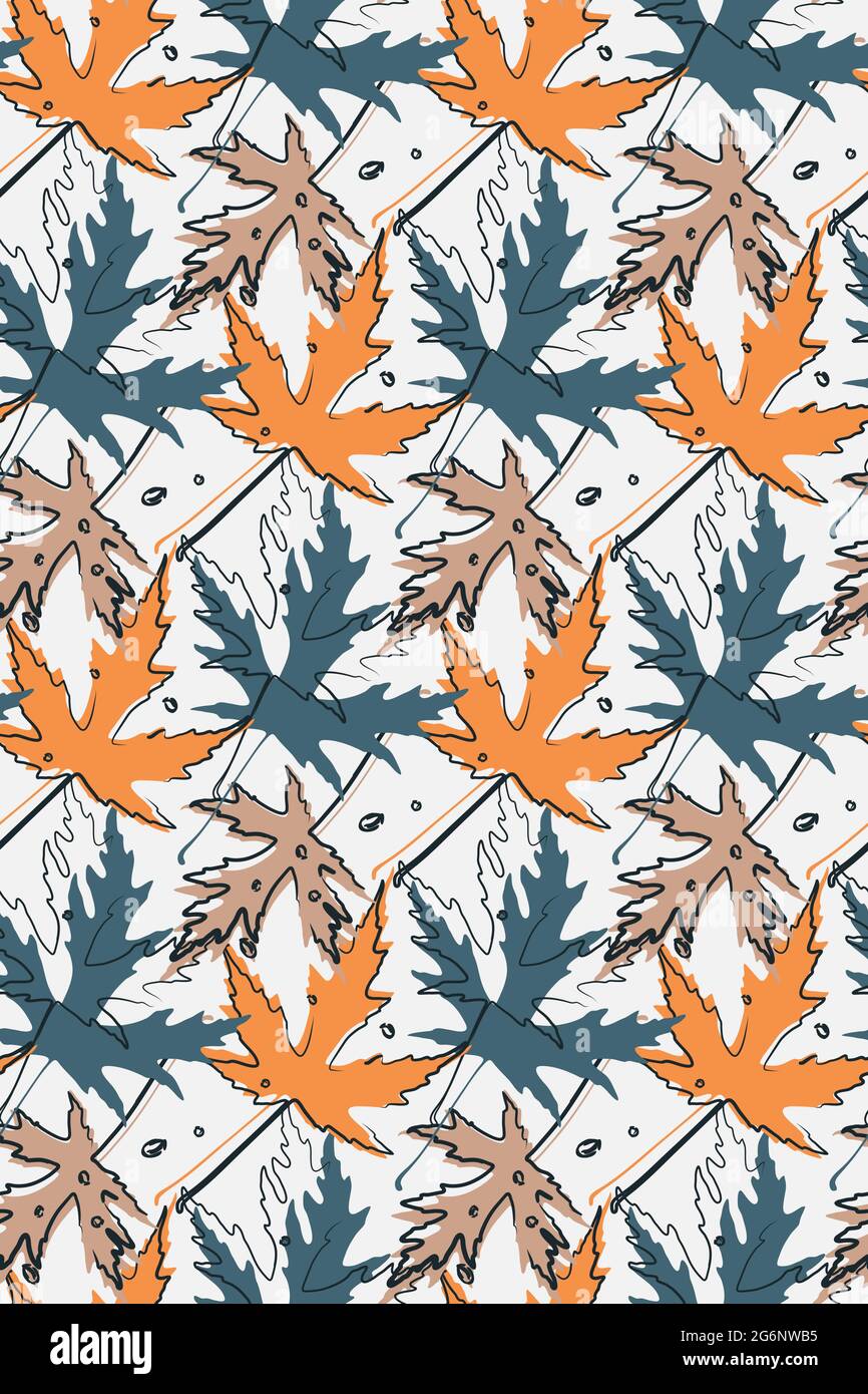 L'automne vectoriel laisse un motif sans couture. Composition de feuilles d'érable d'automne. Dessin au trait Doodle, formes naturelles de style esquisse, couleurs orange bleu Illustration de Vecteur