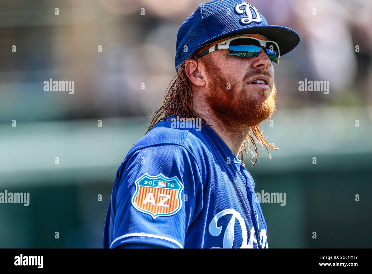 Justin Turner. Los Dodgers de los Angeles LA entrainement de pre saison en el estadio Camelback Ranch previo al inicio de temporada de las Ligas Mayores del Beisbol 2016. 16 marzo 2016 Glendale