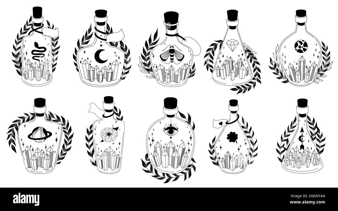 Flacons graphiques noirs et blancs magiques avec symboles ésotériques, feuilles, cristaux. Ensemble sorcellerie. Illustation vectorielle sur fond blanc. Illustration de Vecteur