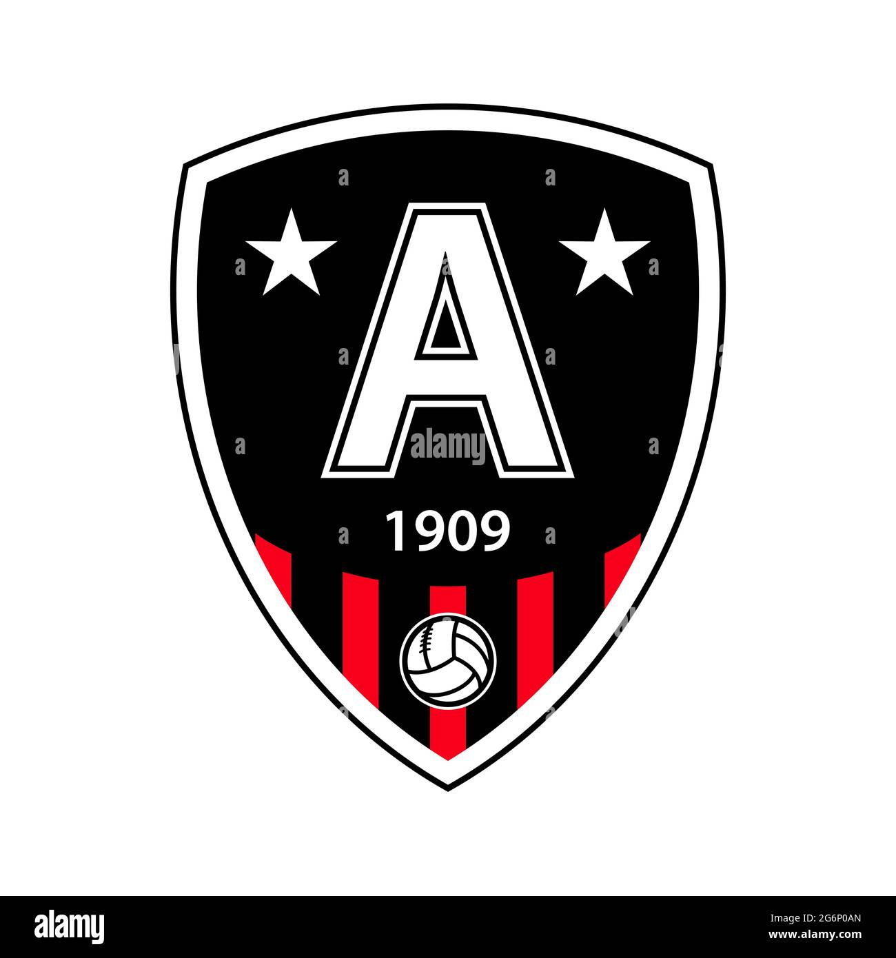 Modèle d'emblème du club de football pour les produits souvenirs. Logo avec date de fondation, ballon de football et couleurs de club. Illustration vectorielle. Illustration de Vecteur