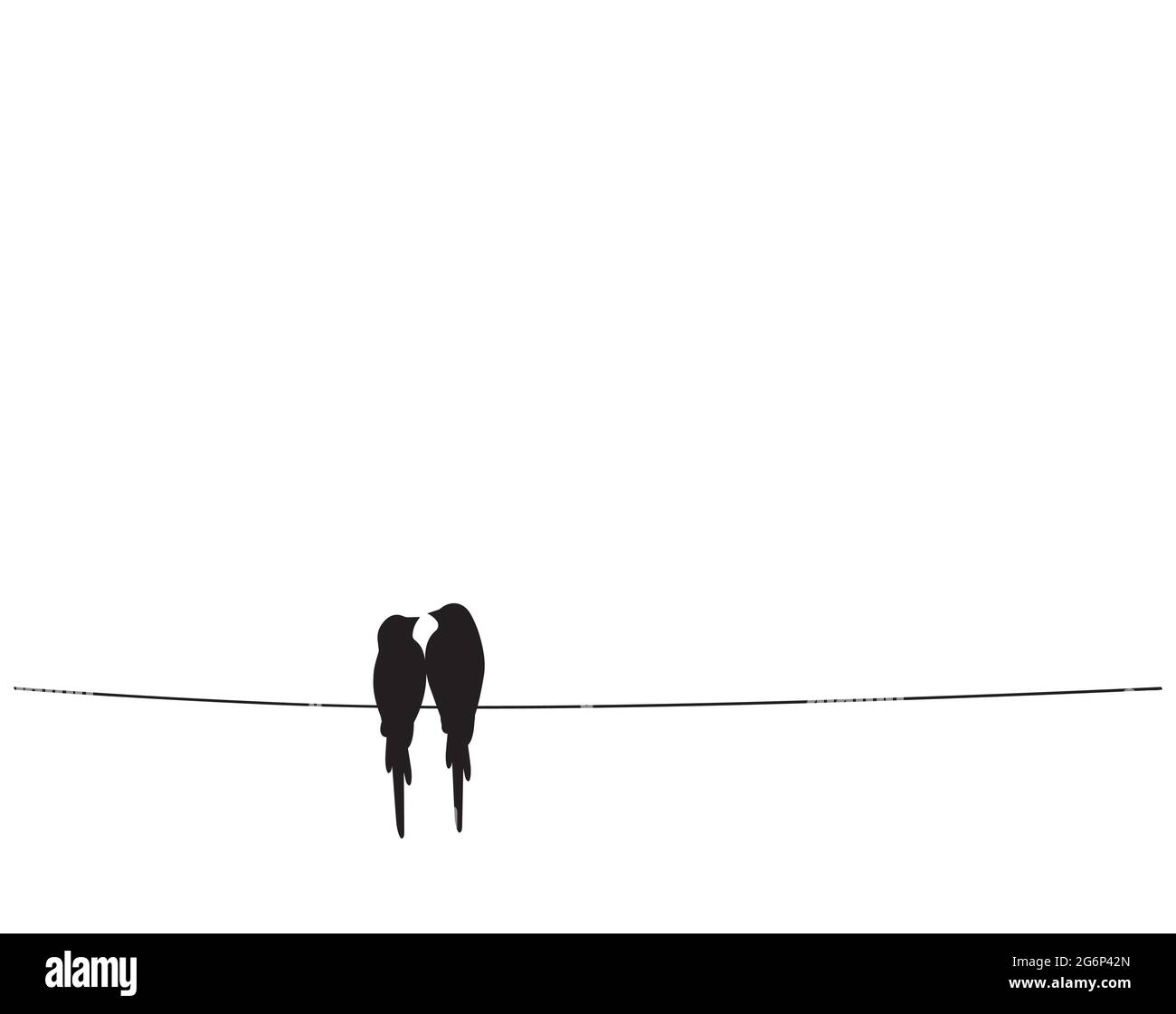 Oiseaux amoureux, vecteur. Silhouettes d'oiseaux sur fil isolé sur fond blanc. Décalcomanies murales noir et blanc, design artistique, œuvres d'art murales. Art minimaliste Illustration de Vecteur