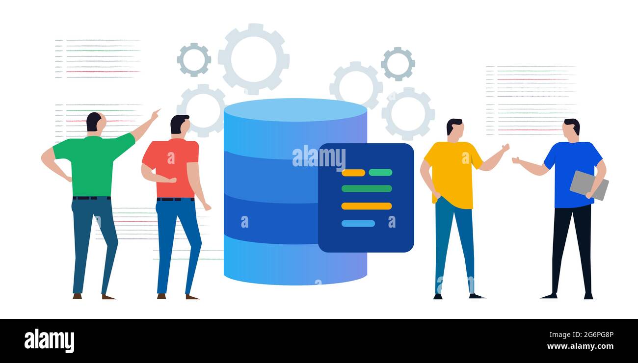Base de données SQL STRUCTUREE langage de requête l'équipe discute du codage pour le stockage des données sur le serveur à l'aide de SGBD Illustration de Vecteur