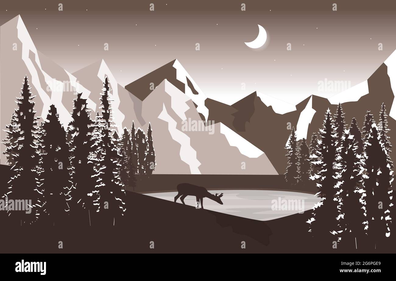 Night Mountain Peak Pine Trees nature Paysage aventure Illustration Illustration de Vecteur