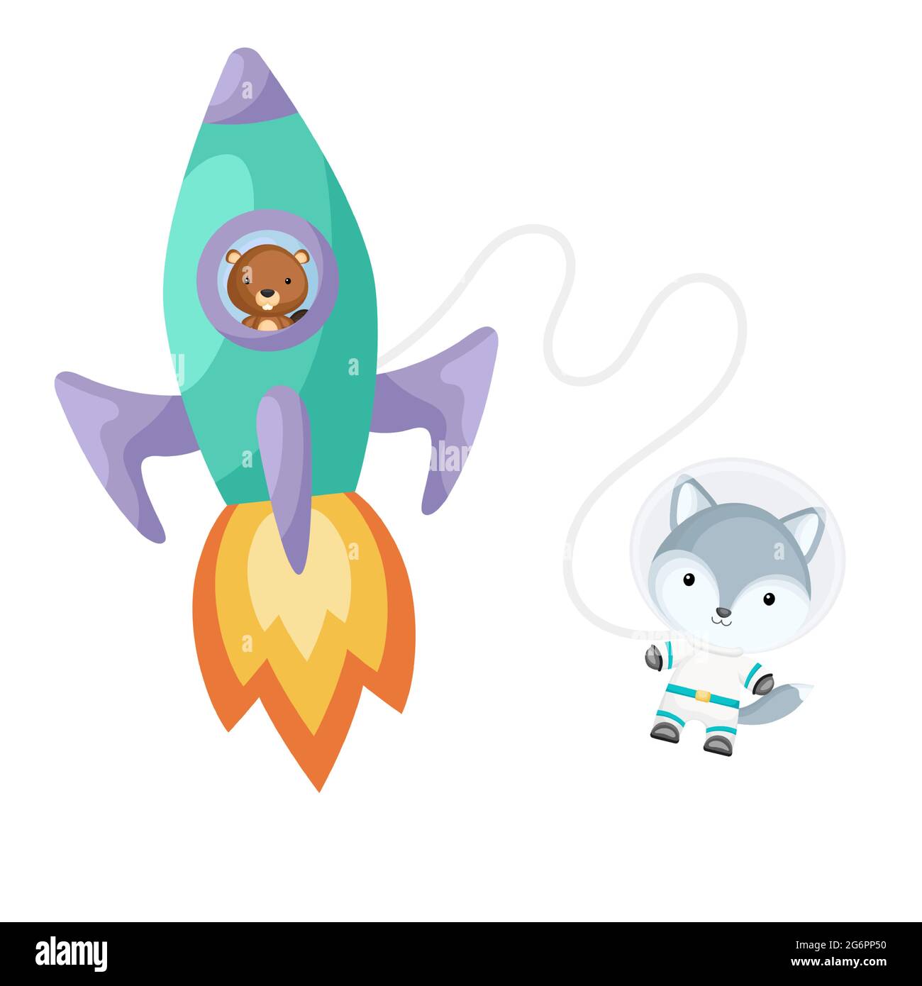 Petit Castor Mignon Volant Dans Une Fusee Turquoise Personnage De Loup De Bande Dessinee En Costume D Espace Avec Fusee Sur Fond Blanc Design Pour La Douche De Bebe Invita Image Vectorielle Stock