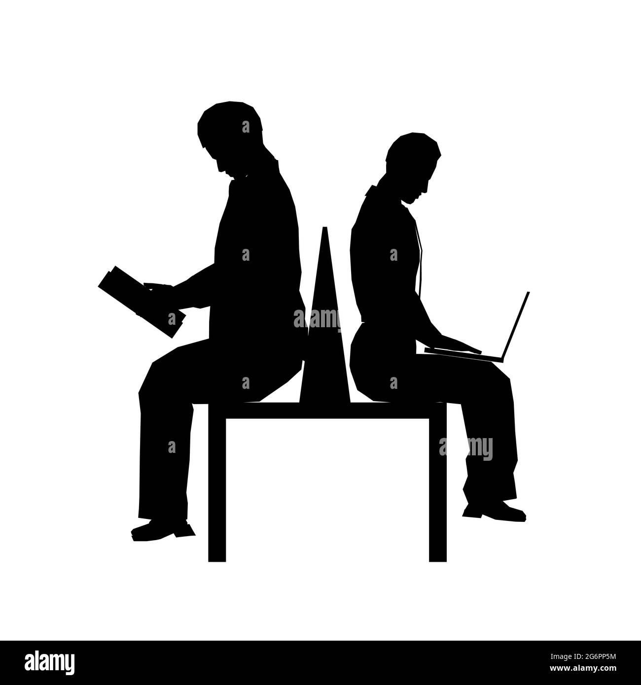 Silhouette de deux personnes assises sur un banc isolé sur un fond blanc. Une personne lit un livre, l'autre travaille dans un ordinateur portable. Vecteur Ill Illustration de Vecteur