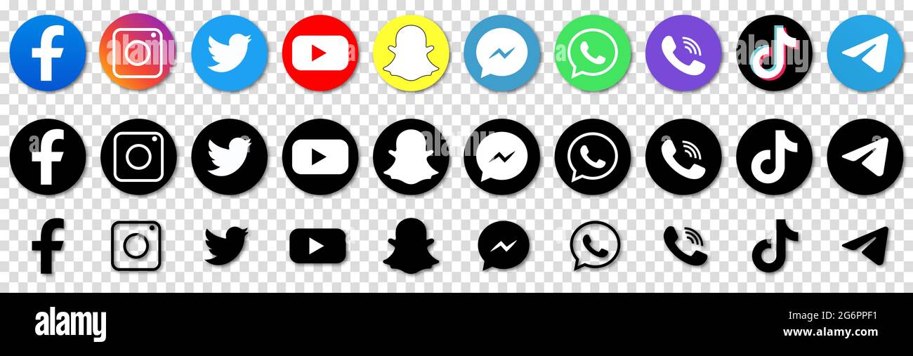 Vinnytsia, Ukraine - 6 juillet 2021. Collection de logos populaires sur les réseaux sociaux. Facebook, instagram, twitter, youtube, snapchat, whatsap, viber, tik tok, Illustration de Vecteur