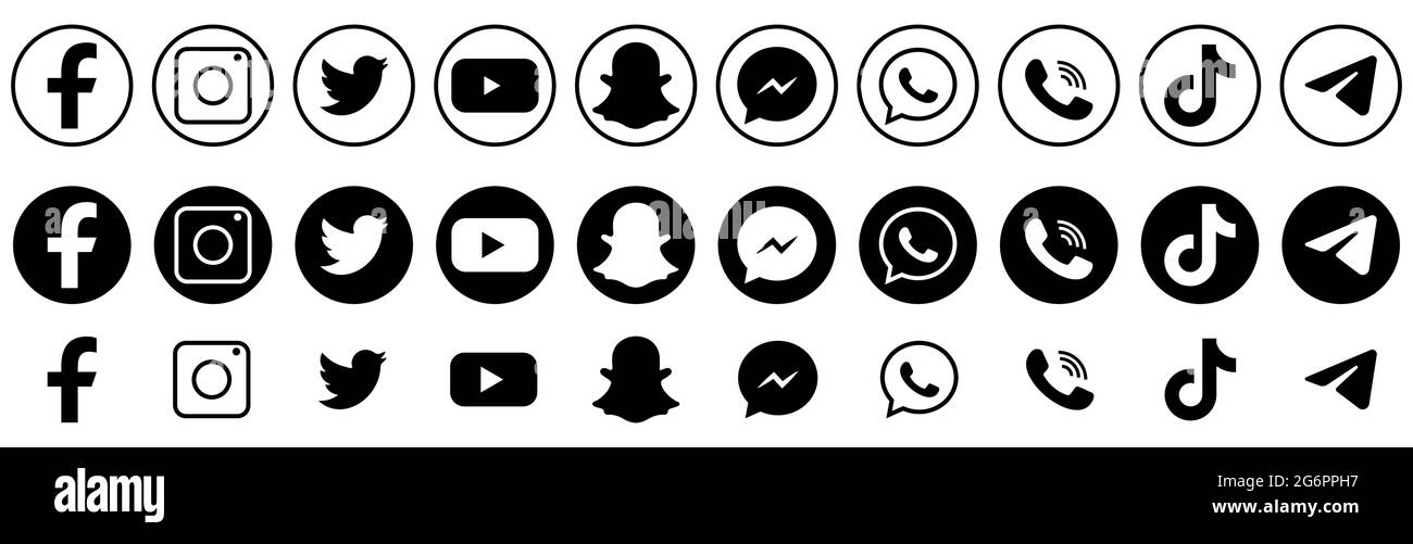 Vinnytsia, Ukraine - 6 juillet 2021. Facebook, instagram, twitter, youtube, snapchat, Whatsap, viber, tik tok, télégramme Line art style social media logo Illustration de Vecteur