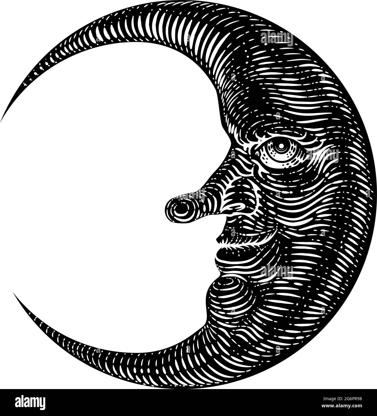 Moon face Woodcut dessin rétro Vintage gravure Illustration de Vecteur