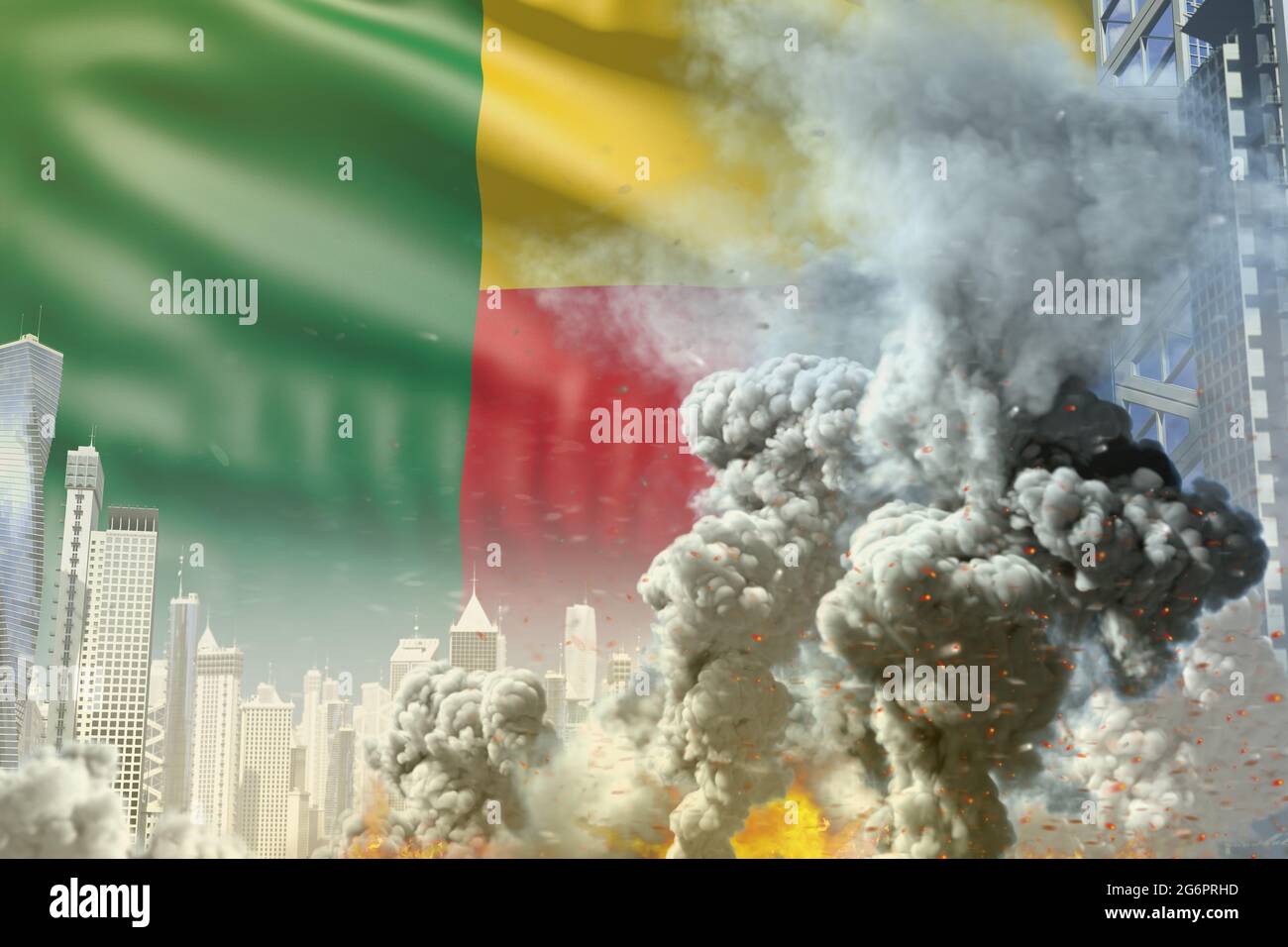 Grande colonne de fumée avec feu dans la ville moderne - concept d'explosion industrielle ou acte de terreur sur le drapeau du Bénin, illustrat industriel 3D Banque D'Images Grande colonne de fumée avec feu dans la ville moderne - concept d'explosion industrielle ou acte de terreur sur le drapeau du Bénin, illustrat industriel 3D Banque D'Images