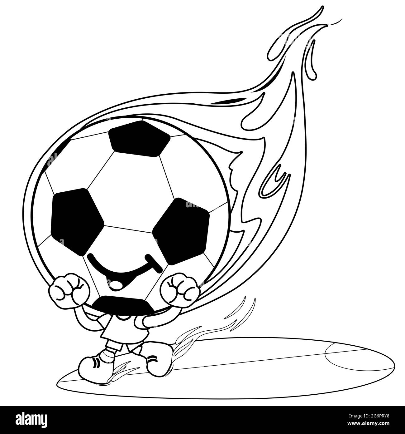 Personnage de football animé sur le feu. Page de couleur noir et blanc Banque D'Images