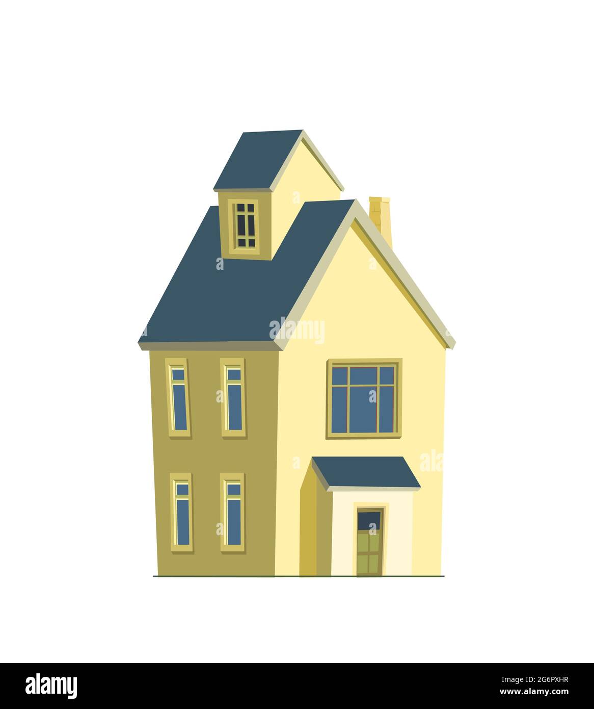 Maison rurale dans un style plat de dessin animé gai. Isolé sur fond blanc. Demi-tour. Toit bleu pignon. Petit chalet de banlieue confortable. Village rural Banque D'Images