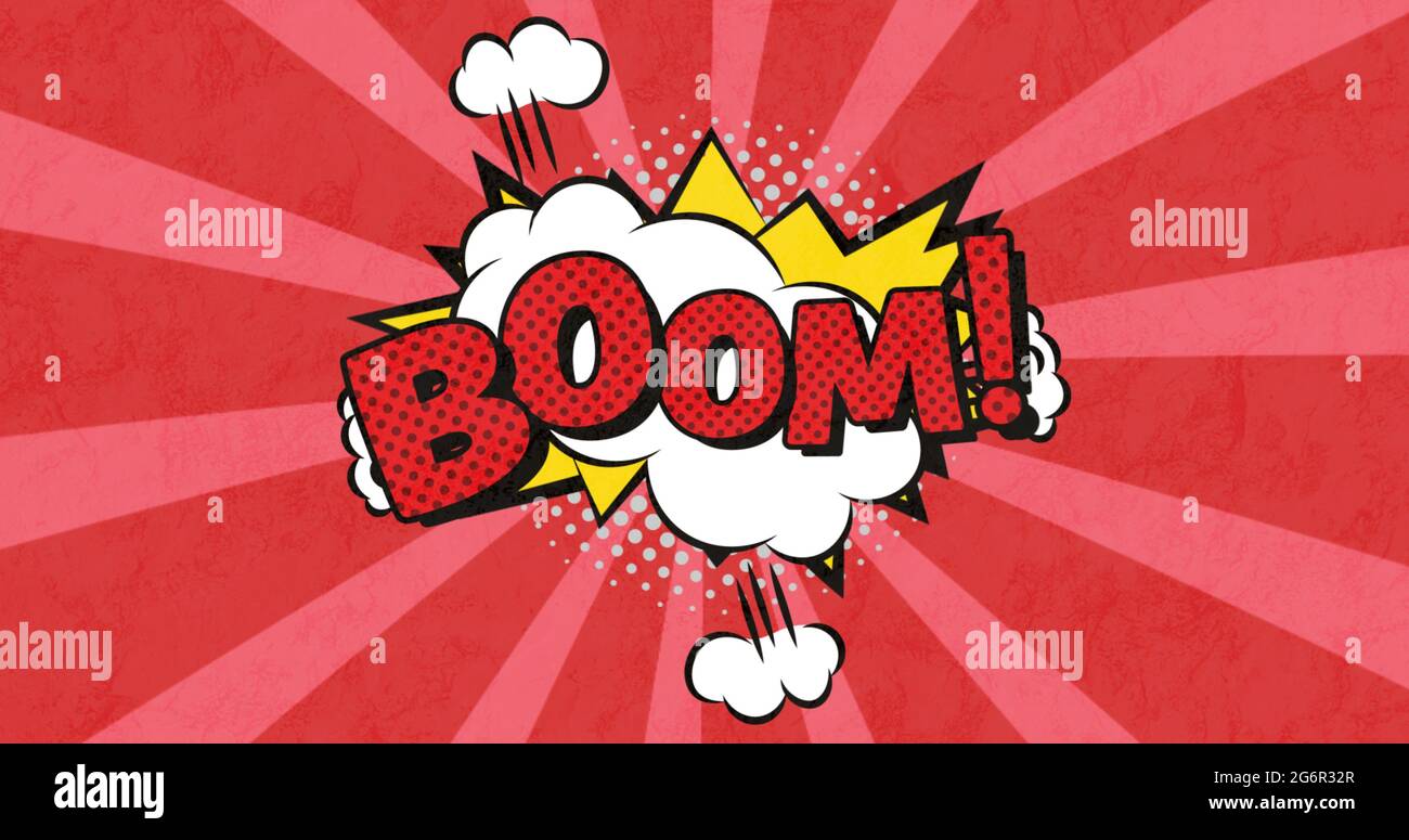 Image d'une bulle de dessin animé avec UN BOOM écrit en rouge sur un fond rouge rayé Banque D'Images