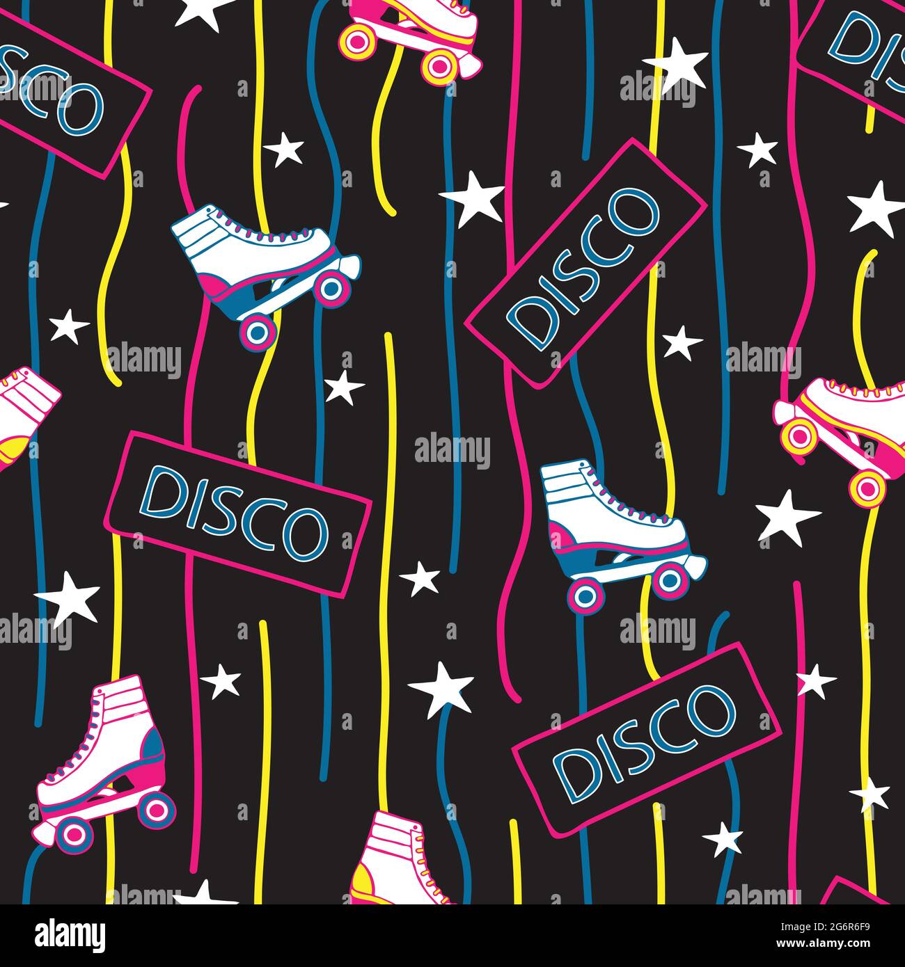 Motif vectoriel sans couture avec patins à roulettes et étoiles sur fond noir. Papier peint rétro aux couleurs fluo. Illustration de Vecteur