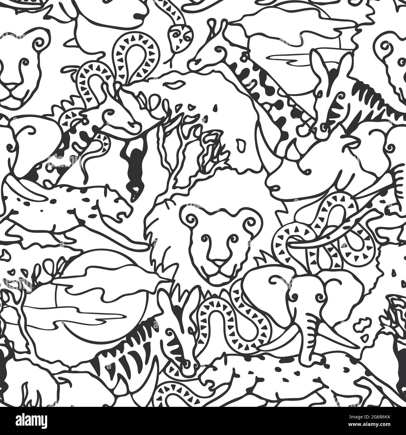 Motif vectoriel sans couture safari animal ligne art sur fond blanc. Design de fond d'écran africain simple à une ligne. Illustration de Vecteur