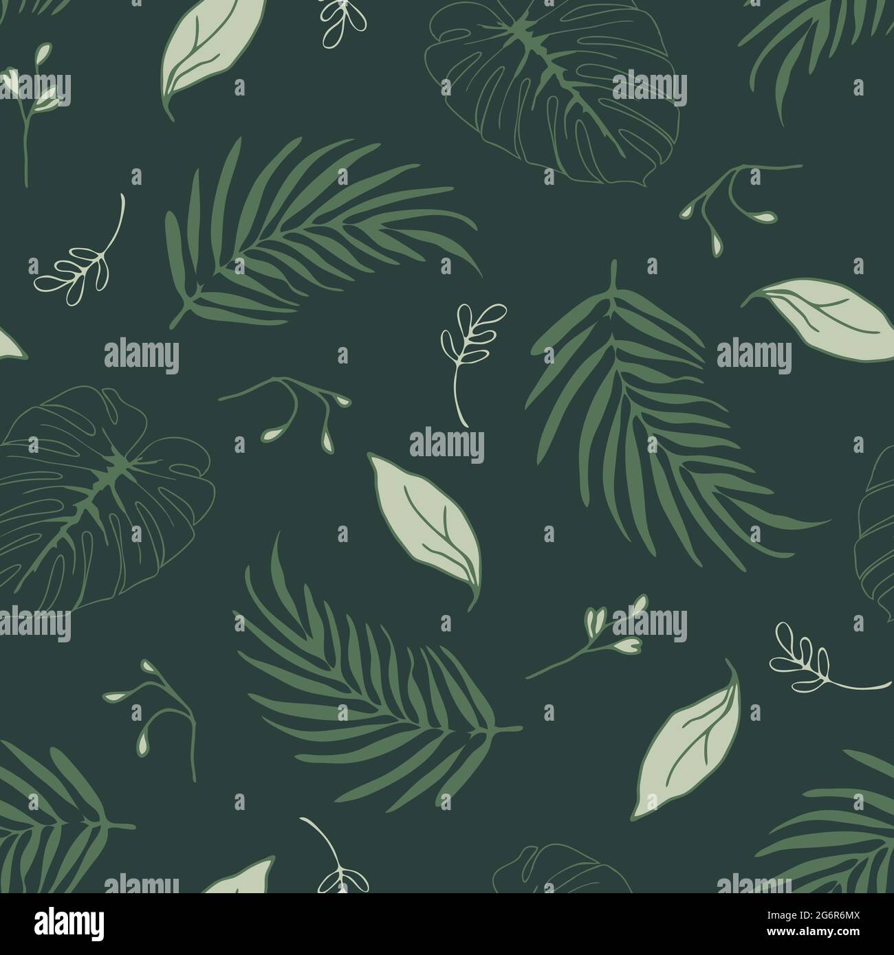 Motif vectoriel sans couture avec feuilles tropicales sur fond vert foncé. Papier peint fleuri simple. Textile de mode en feuilles de palmier décoratif. Illustration de Vecteur