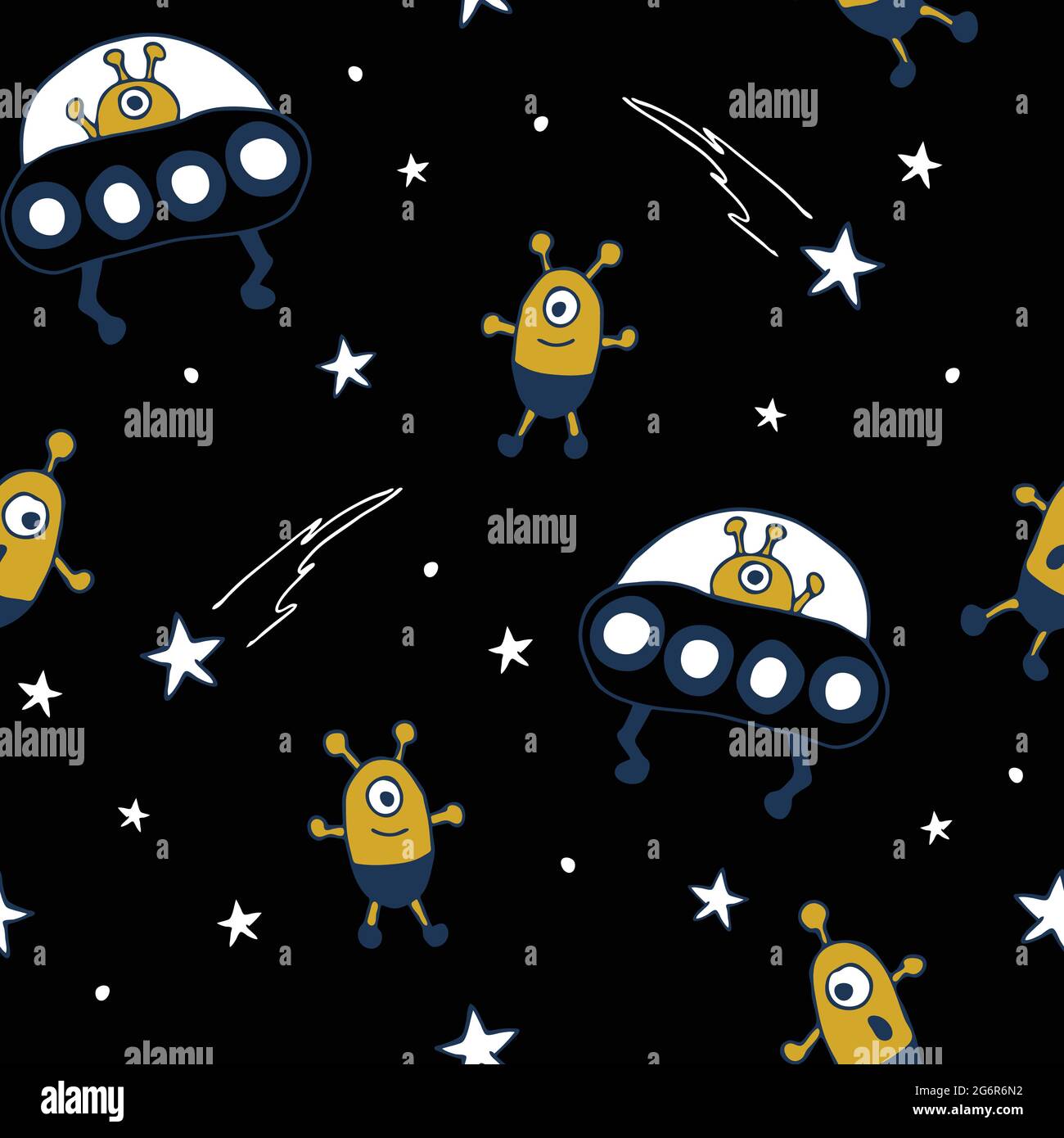 Motif vectoriel transparent avec dessins animés étrangers sur fond noir. Design de papier peint OVNI convivial pour les enfants. Textile de mode décoratif. Illustration de Vecteur