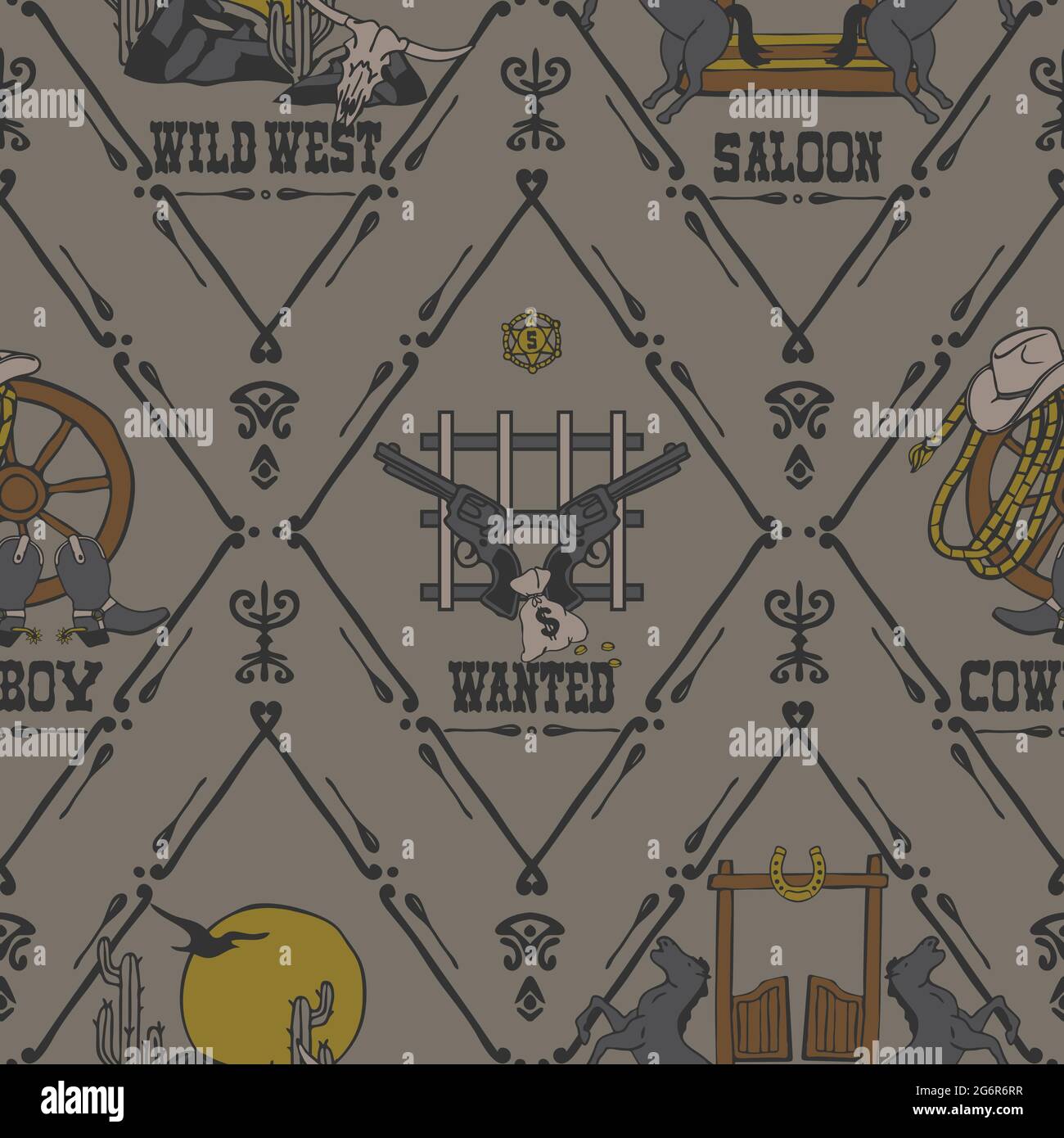Motif vectoriel sans couture avec logos Wild West sur fond gris. Papier peint de style WESTERN décoratif. Géométrique recherché affiche mode textile. Illustration de Vecteur