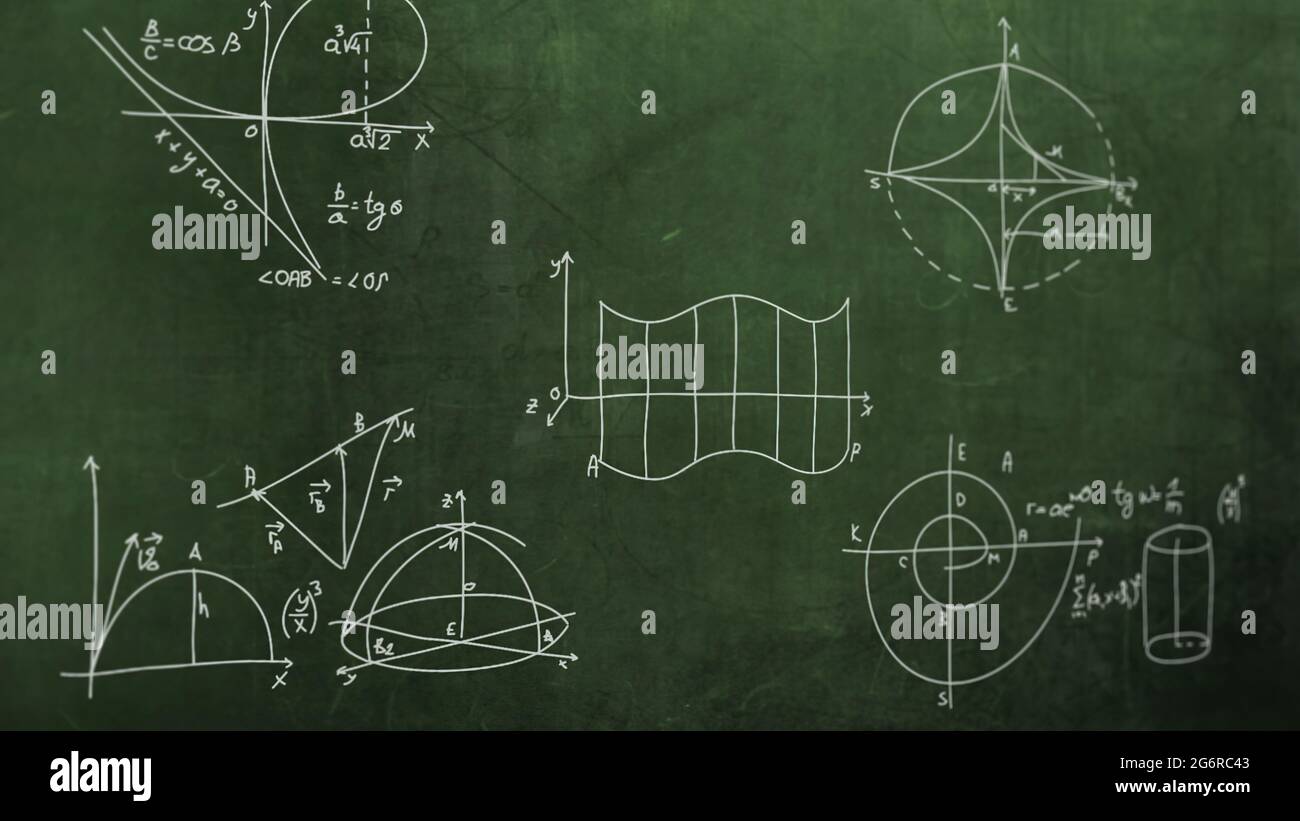Illustration 3d - gros plan Formule mathématique et éléments sur Blackboard, Banque D'Images
