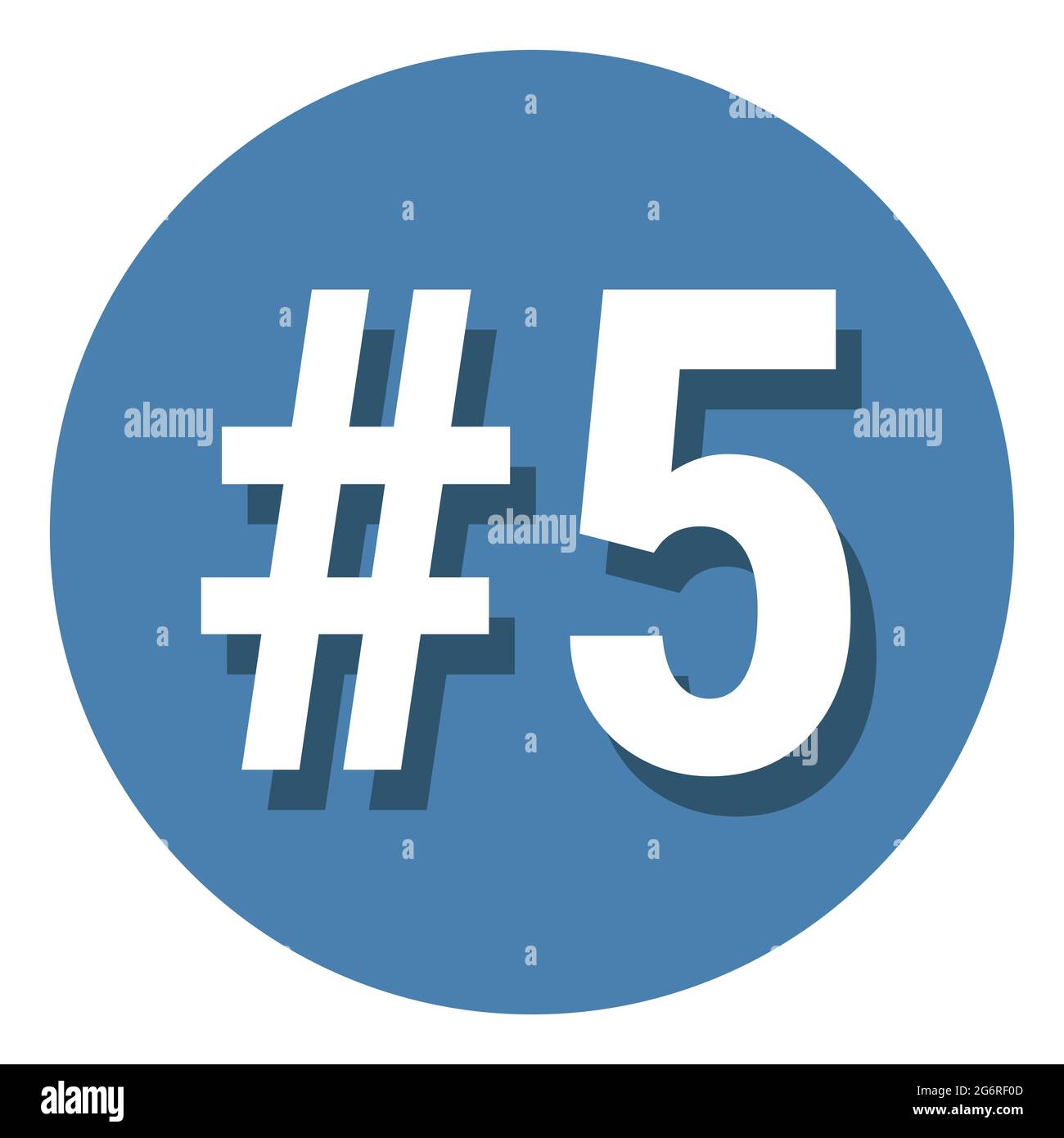 Numéro 5 cinq symbole signe dans le cercle, 5ème cinquième chiffre icône hashtag. Illustration vectorielle simple et plate. Blanc avec ombre sur fond bleu. Illustration de Vecteur