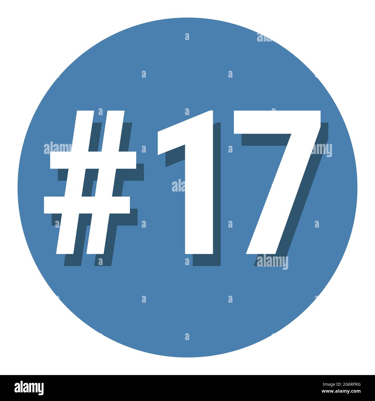 Numéro 17 dix-sept signe de symbole dans le cercle, dix-septième icône de compte de hashtag. Illustration vectorielle simple et plate. Blanc avec ombre sur fond bleu Illustration de Vecteur