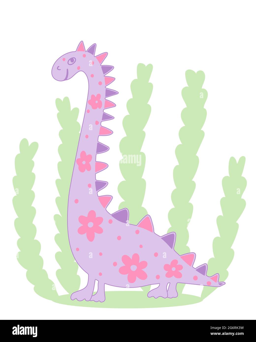 Joli dinosaure sur fond de feuillage, illustration vectorielle. Personnage puéril, drôle d'animal. Image pour le bébé. Dessin à la main. Illustration de Vecteur