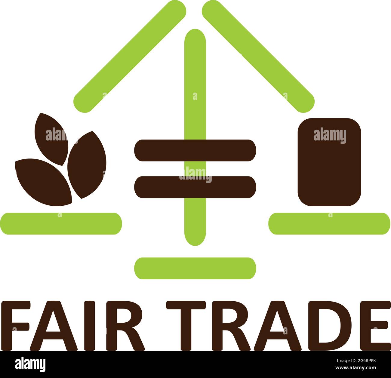 Logo du commerce équitable avec feuille de plante et emballage de produit sur un équilibre avec signe égal. Illustration vectorielle simple pour entreprise, produits Illustration de Vecteur