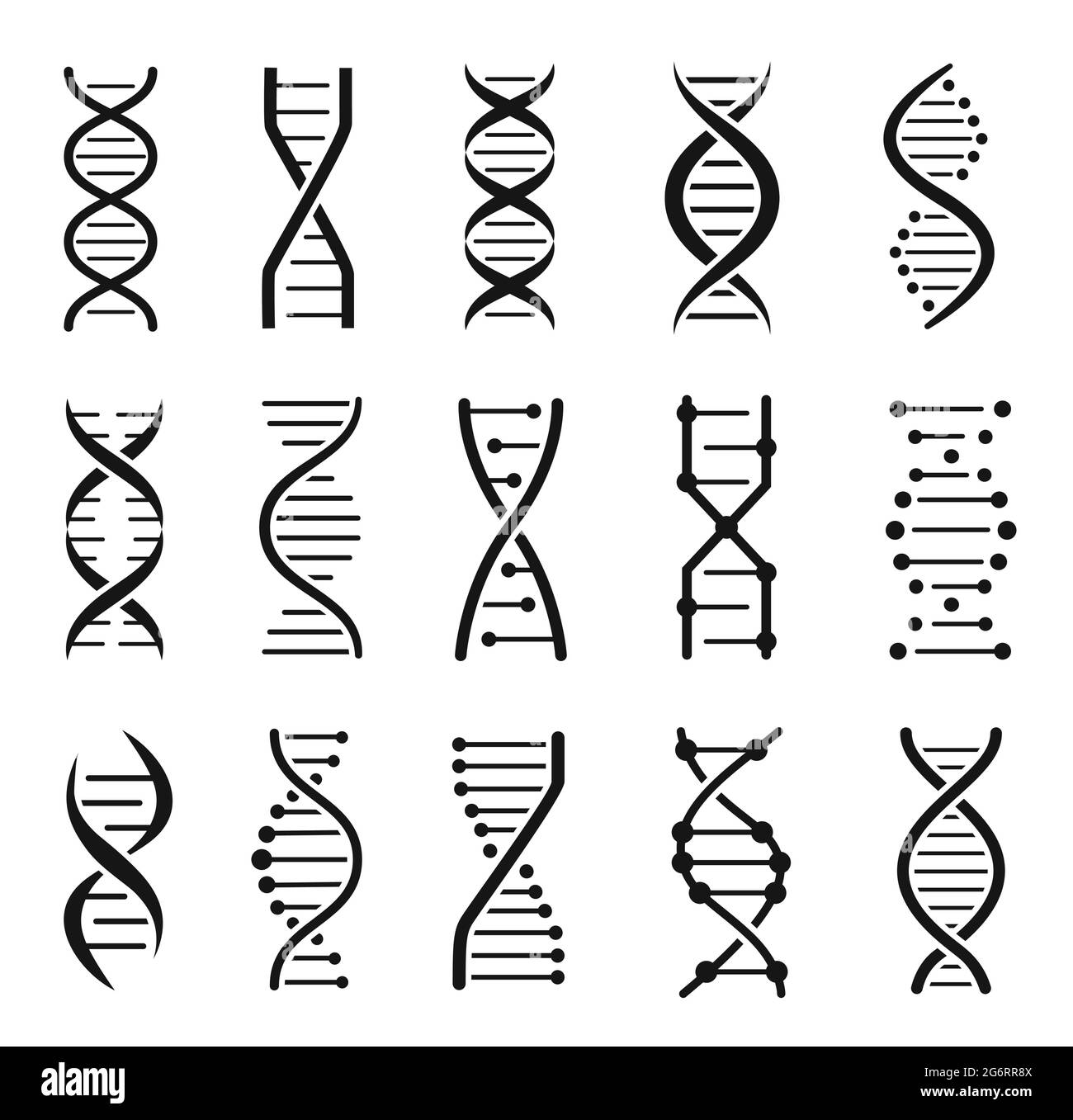 Icônes de structure des molécules d'ADN. Hélice de chaîne chromosomique,  logo de code génétique. Biotechnologie, science médicale, ensemble de  vecteurs d'icône de silhouette de brin de gène. Forme en spirale, icône  isolée