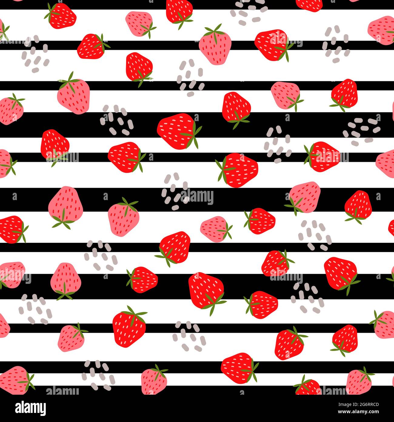 Motif sans couture avec fraises, formes simples sur fond avec bandes noires et blanches. Illustration vectorielle dessinée à la main. Illustration de Vecteur