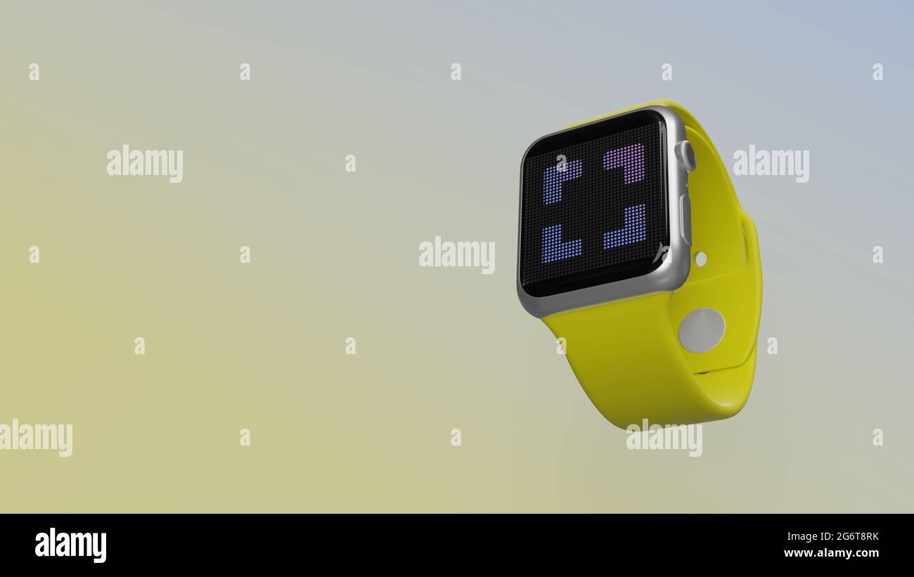 Rendu 3d Smart Watch avec symbole de repères d'image agrandisse sur l'écran lcd isolé sur un arrière-plan coloré. Vue latérale vers le bas. Banque D'Images