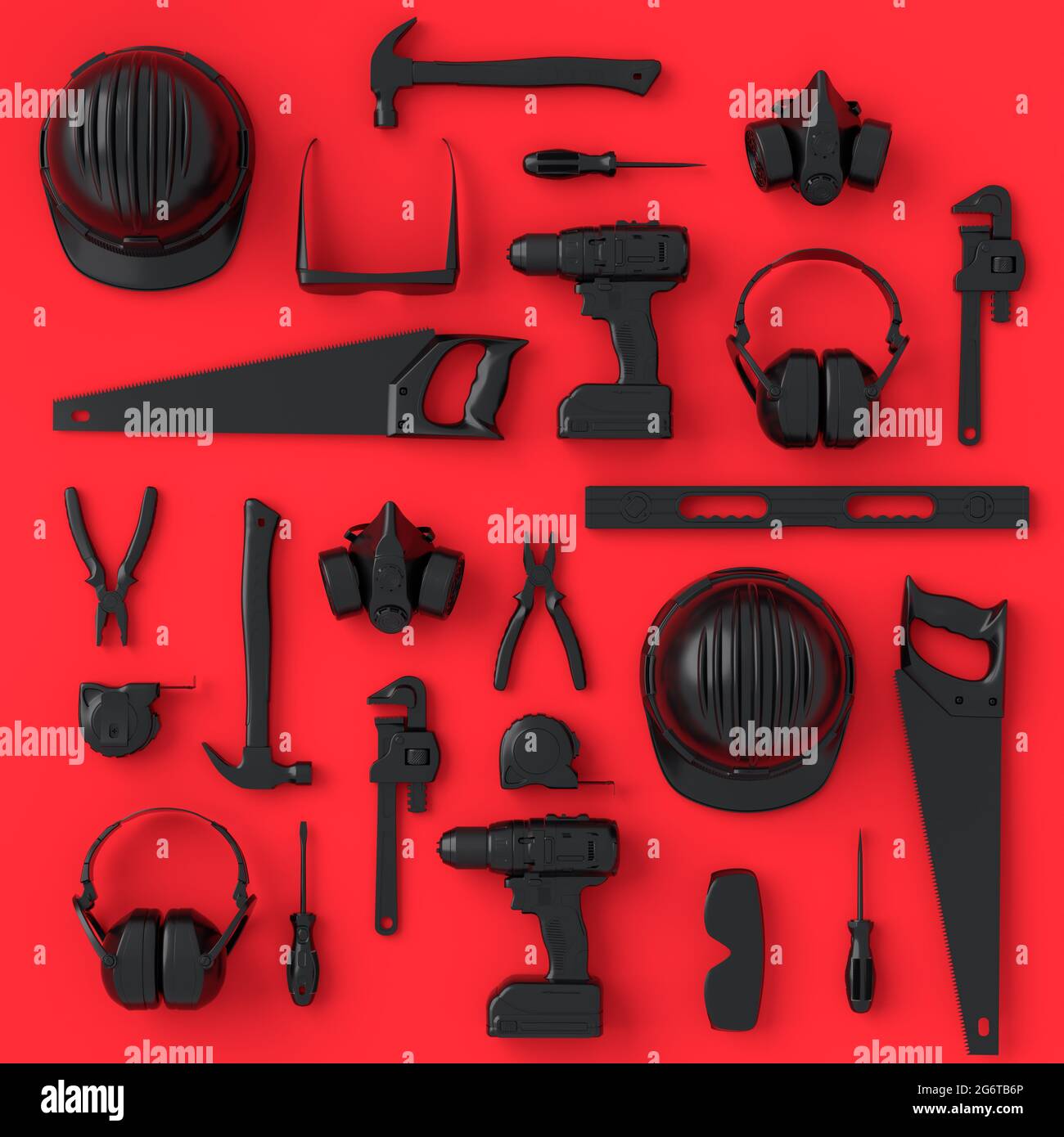 Vue de dessus des outils de construction monochromes pour la réparation et l'installation sur fond rouge et noir. rendu 3d et illustration de la bannière de service pour Banque D'Images Vue de dessus des outils de construction monochromes pour la réparation et l'installation sur fond rouge et noir. rendu 3d et illustration de la bannière de service pour Banque D'Images