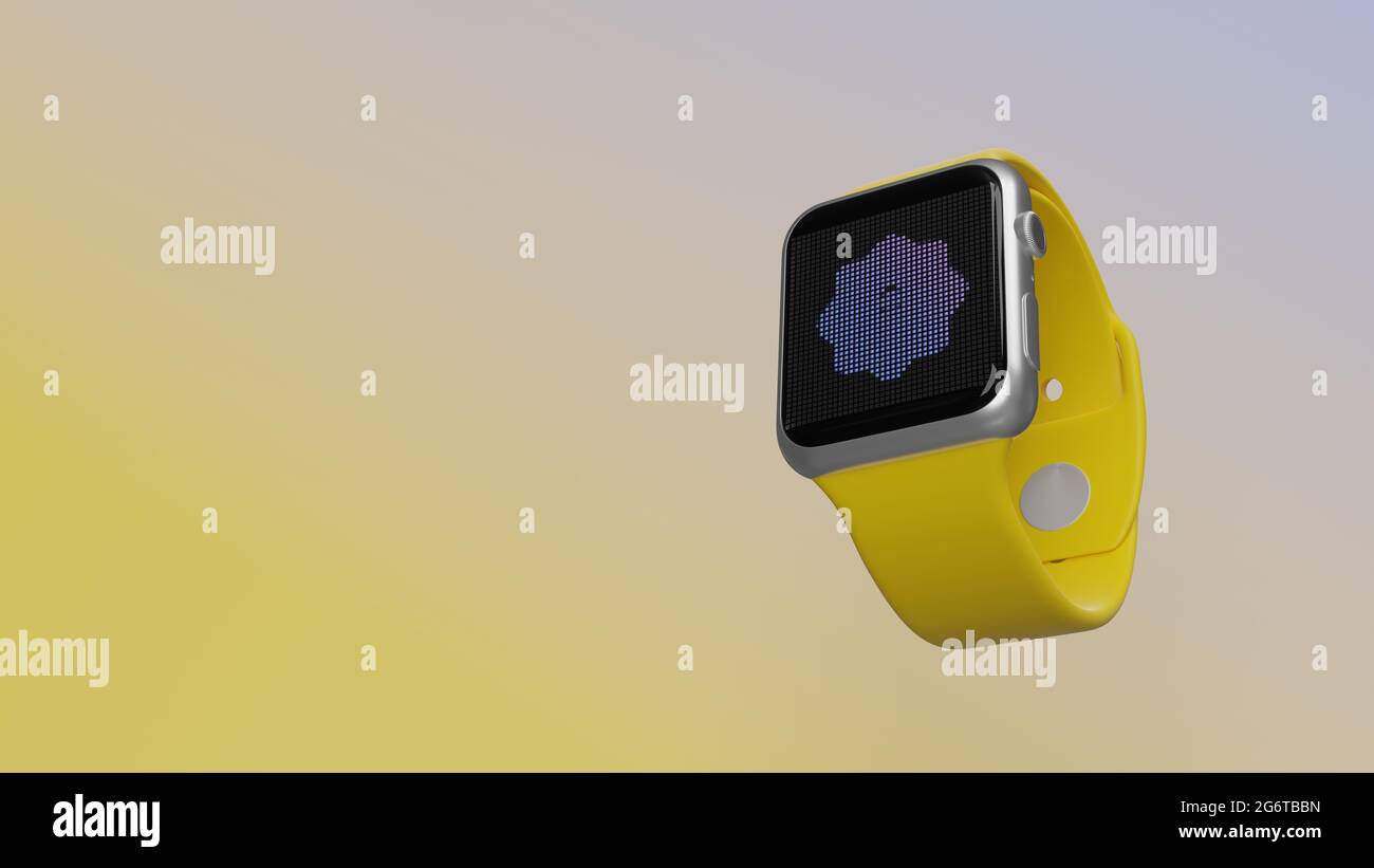 Smart Watch rendu 3d avec symbole du logo de l'appareil photo automatique sur l'écran lcd isolé sur un arrière-plan coloré. Vue latérale vers le bas. Banque D'Images