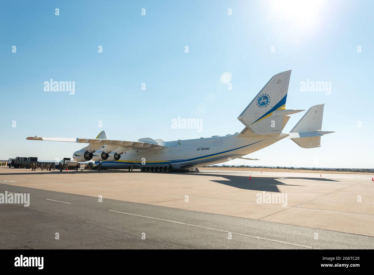 Antonov an-225 Mriya en Namibie avec des dons de l'Allemagne, juillet 2021. L'avion a atterri à l'aéroport international d'Hosea Kutako Banque D'Images