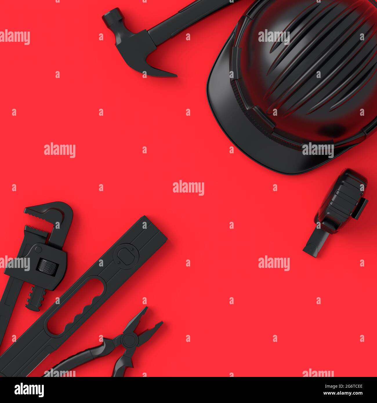 Vue de dessus des outils de construction monochromes pour la réparation et l'installation sur fond rouge et noir. rendu 3d et illustration de la bannière de service pour Banque D'Images Vue de dessus des outils de construction monochromes pour la réparation et l'installation sur fond rouge et noir. rendu 3d et illustration de la bannière de service pour Banque D'Images