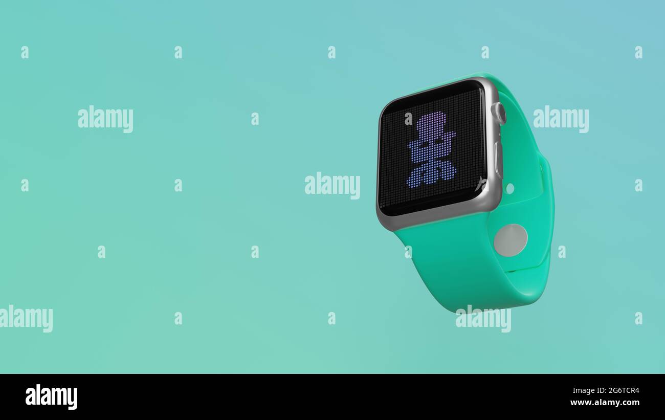 Smart Watch rendu 3d avec symbole de chaise de bureau avec roulettes sur écran lcd isolées sur fond coloré. Vue latérale vers le bas. Banque D'Images