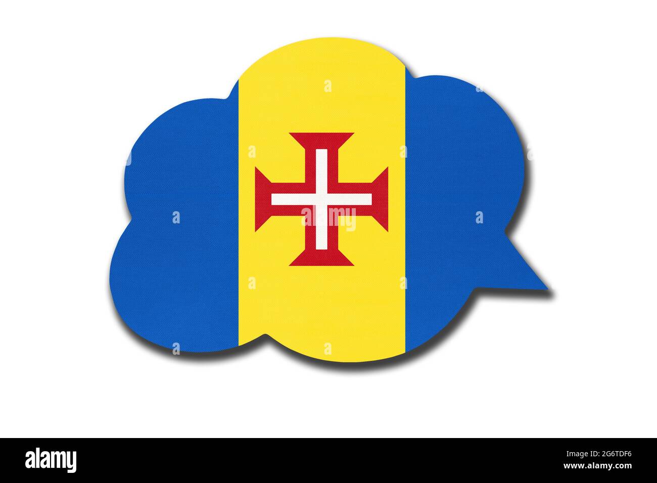 bulle de discours 3d avec drapeau national de Madère isolé sur fond blanc. Symbole du pays. Signe de communication mondiale. Banque D'Images