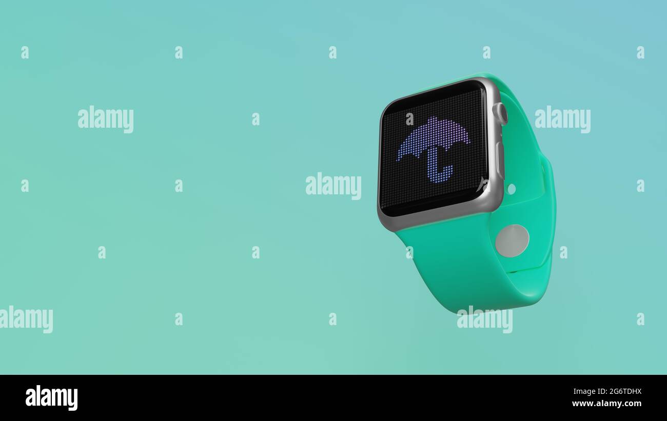 Smart Watch rendu 3d avec symbole de parapluie ouvert sur écran lcd isolé sur fond coloré. Vue latérale vers le bas. Banque D'Images