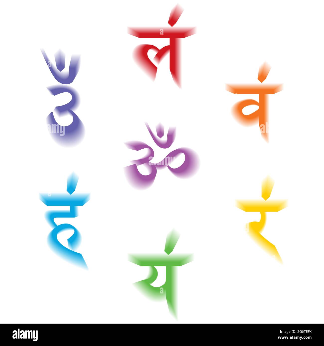 Les sept mantras bija avec chakras 3D ensemble Sanskrit coloré Letoig isolé sur fond blanc. Illustration de caractère linéaire de l'hindouisme et de Budd Illustration de Vecteur
