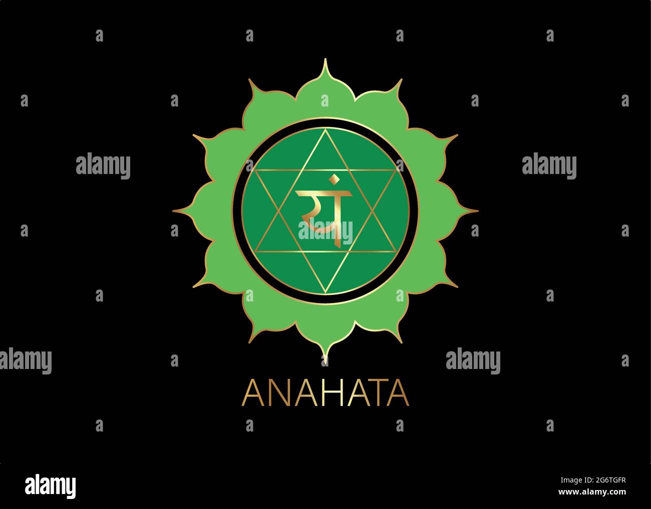 Anahata quatrième chakra avec le mantra de semence hindou Sanskrit VAM. Vert est un symbole de style de conception plate pour la méditation, le yoga. Modèle logo Gold Vector is Illustration de Vecteur