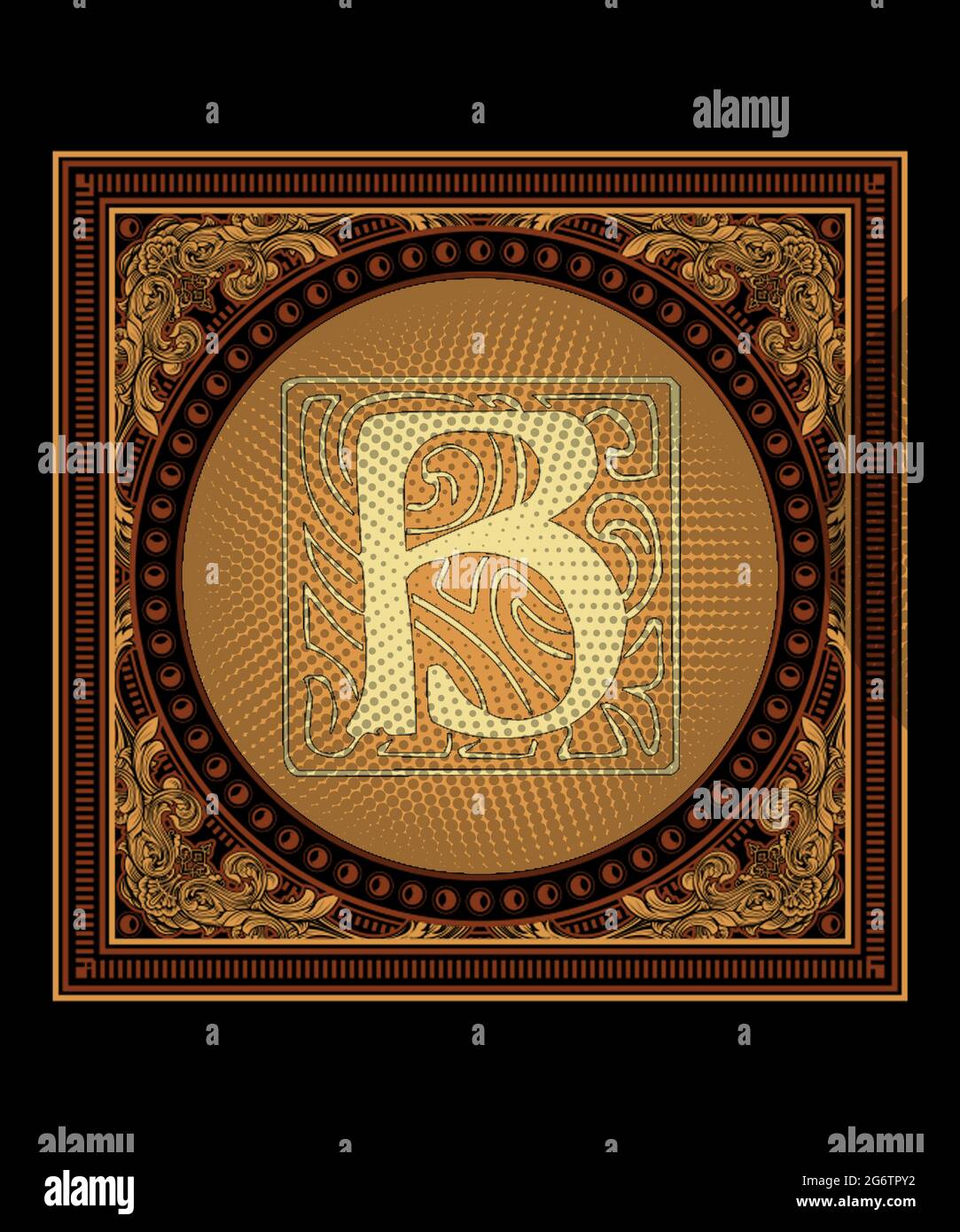 Lettre B monogramme initiale lettre gothique B dans une illustration de style Renaissance avec fond noir, jaune et brun carré intramted design avec do Banque D'Images