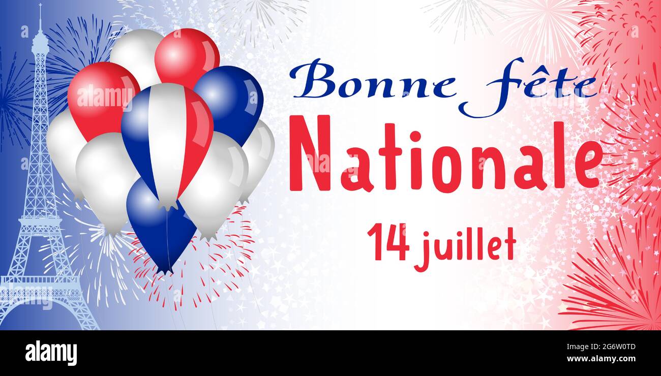 Les fêtes d'état en France congruts concept. Inscription française bonne tête nationale, traduction Happy National Day. Ballons colorés et feux d'artifice ex Illustration de Vecteur