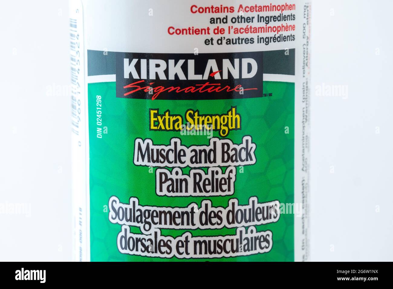 Kirkland Signature extra force muscle et soulagement de douleur de dos avec acétaminophène. Banque D'Images