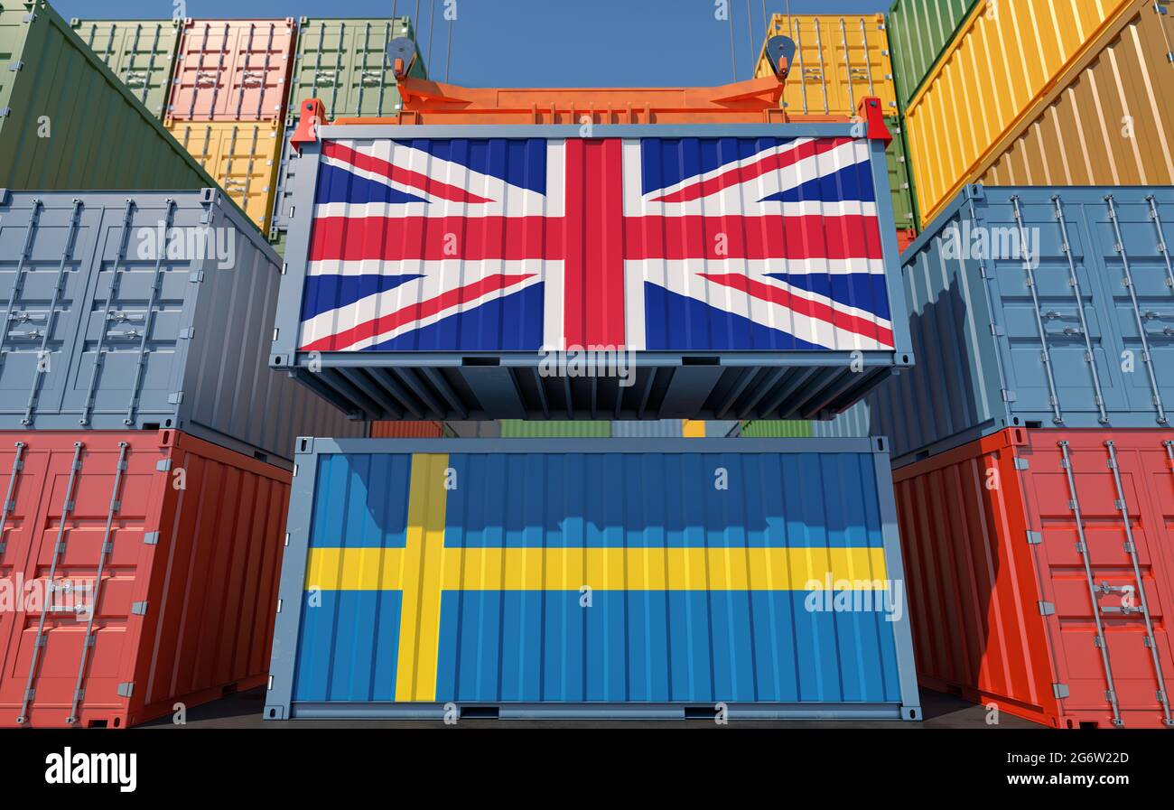 Terminal de conteneur. Deux conteneurs de marchandises avec drapeaux nationaux de la Suède et du Royaume-Uni. Rendu 3D Banque D'Images