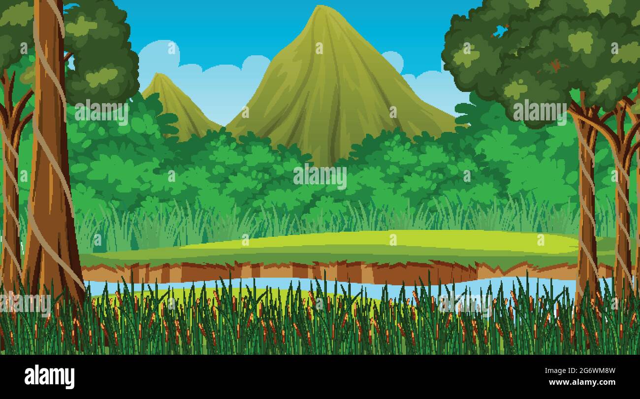 Scène de la nature avec ruisseau qui coule à travers la forêt et l'illustration de fond de montagne Illustration de Vecteur