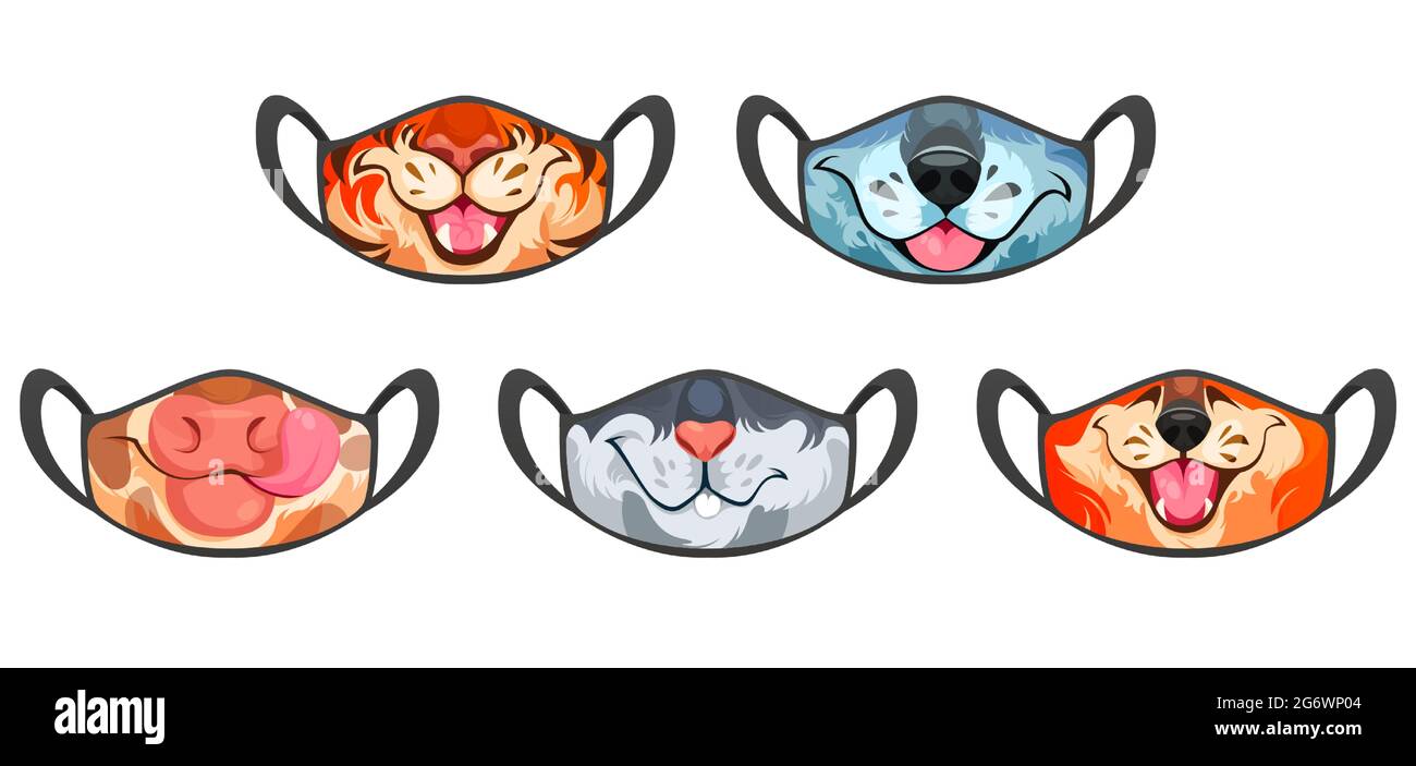 Masques Medic avec muzzles animaux, mignon dessin animé vache, loup et renard, tigre ou lapin visages drôles. Équipement de protection du visage contre les infections à coronavirus ou les allergies, conception créative, modèles Vector Illustration de Vecteur